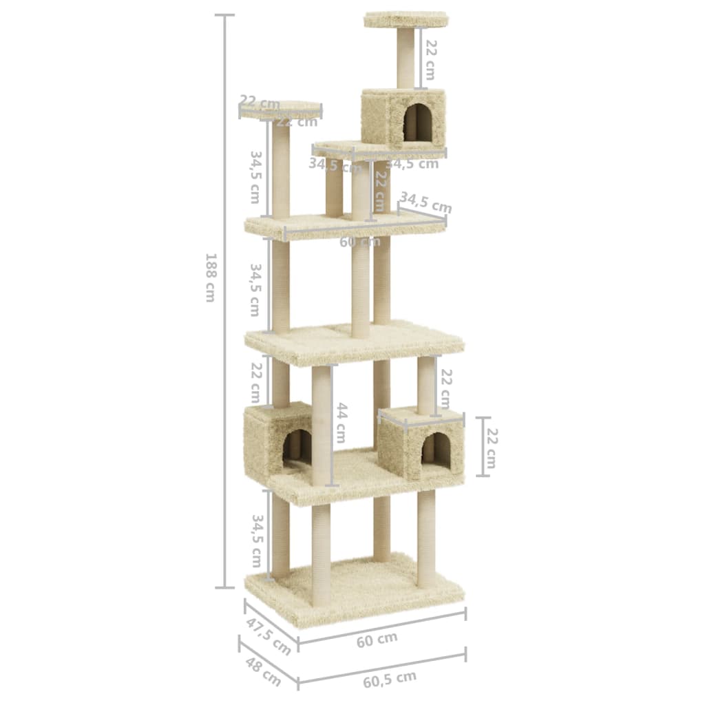 Kattenmeubel met sisal krabpalen 188 cm crèmekleurig