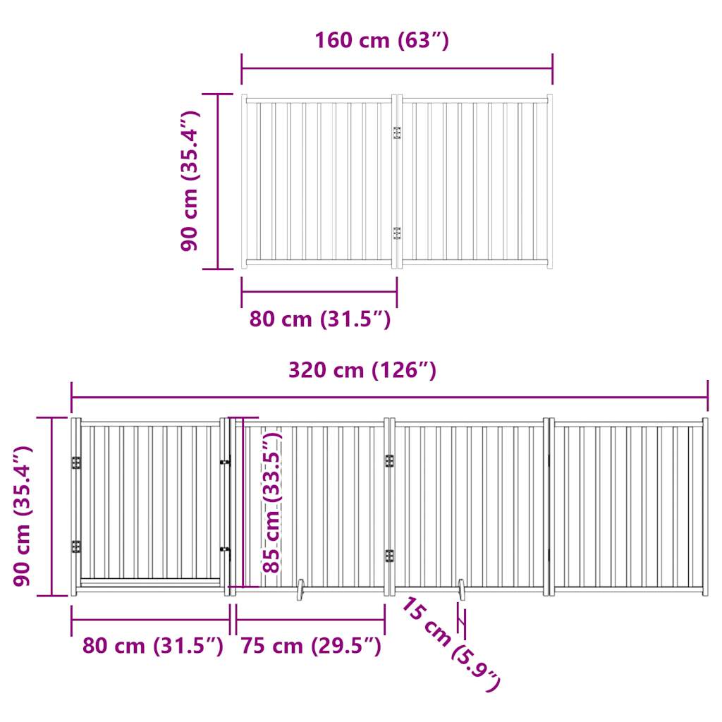 Hondenhek inklapbaar met deur 8 panelen 640 cm populierhout wit