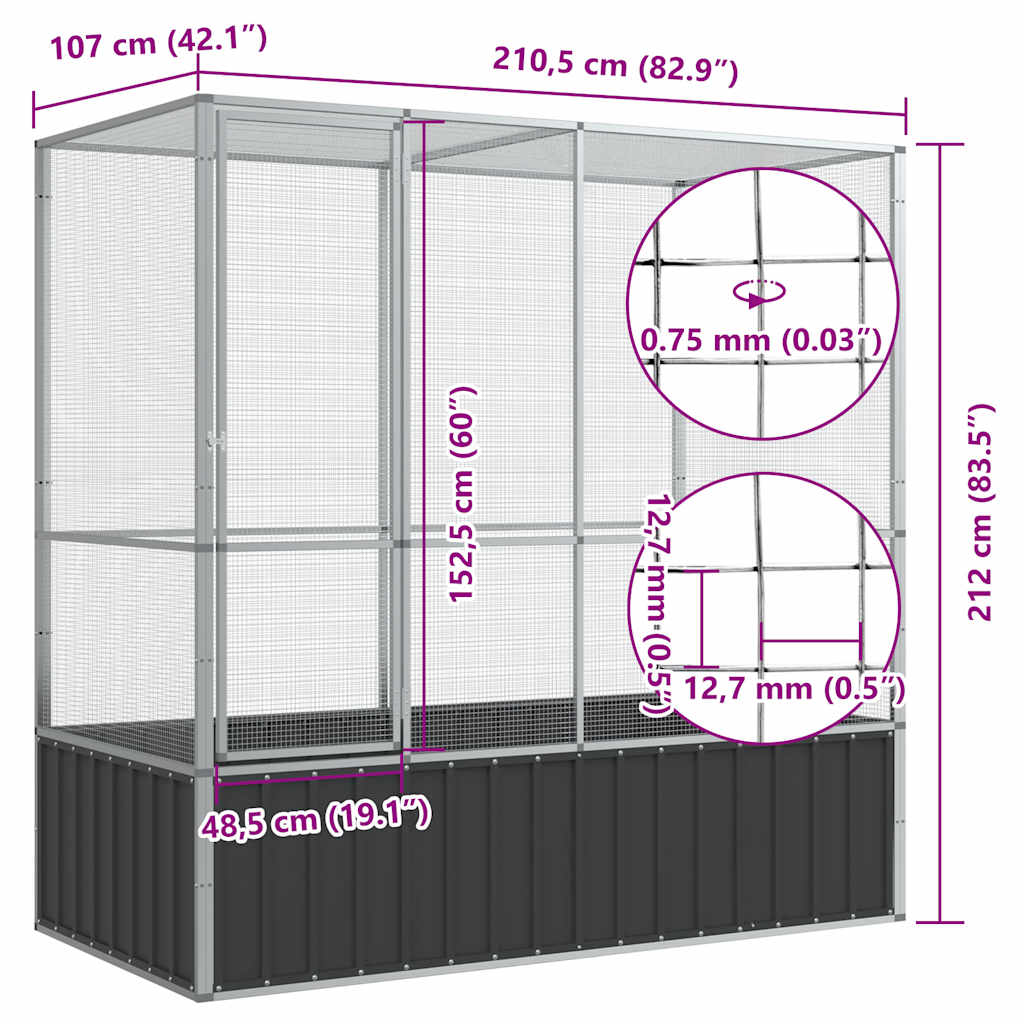 Volière 210,5x107x212 m staal zilverkleurig
